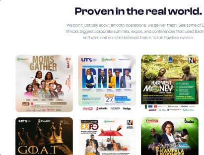 Badrica 'Proven in the real world' section with event posters