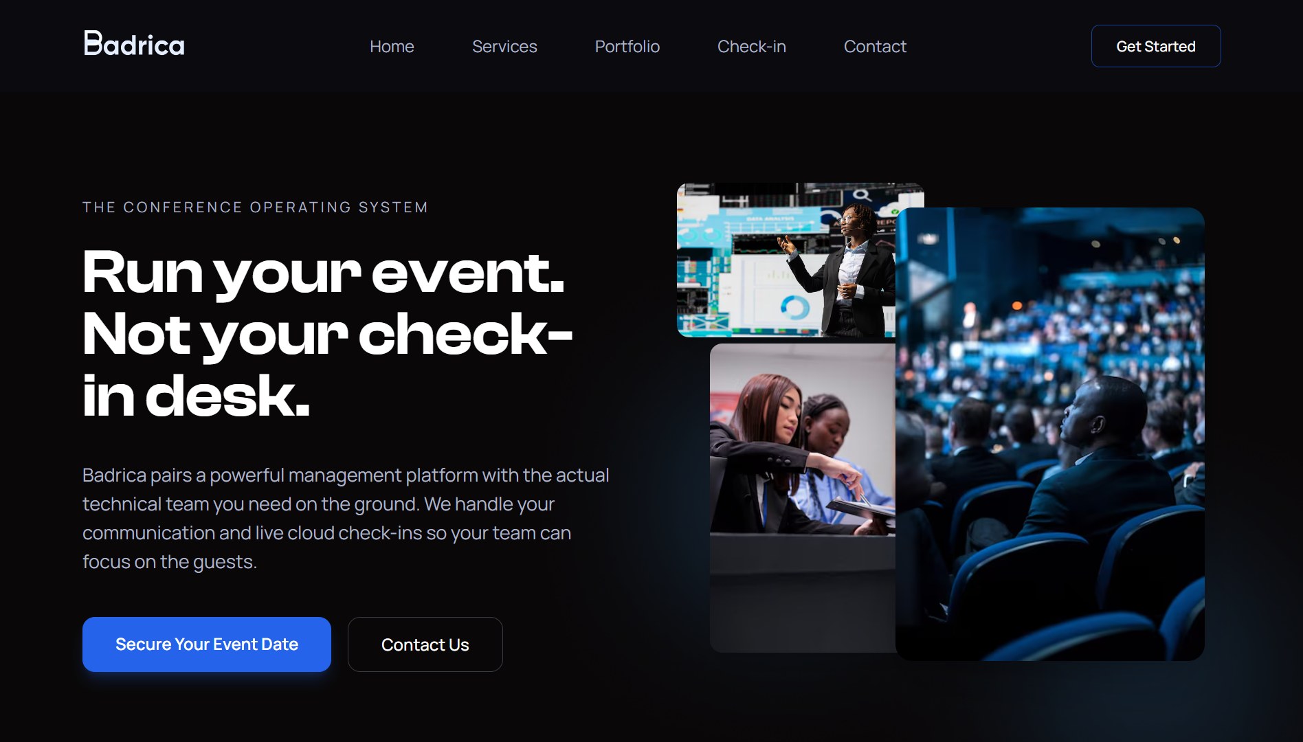 Badrica website hero: Run your event. Not your check-in desk.